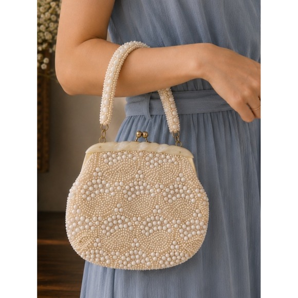 Vintage Handbags - Vintage 1960s Ivory Beaded Bridal Evening Purse Likely Lucite Hong Kong